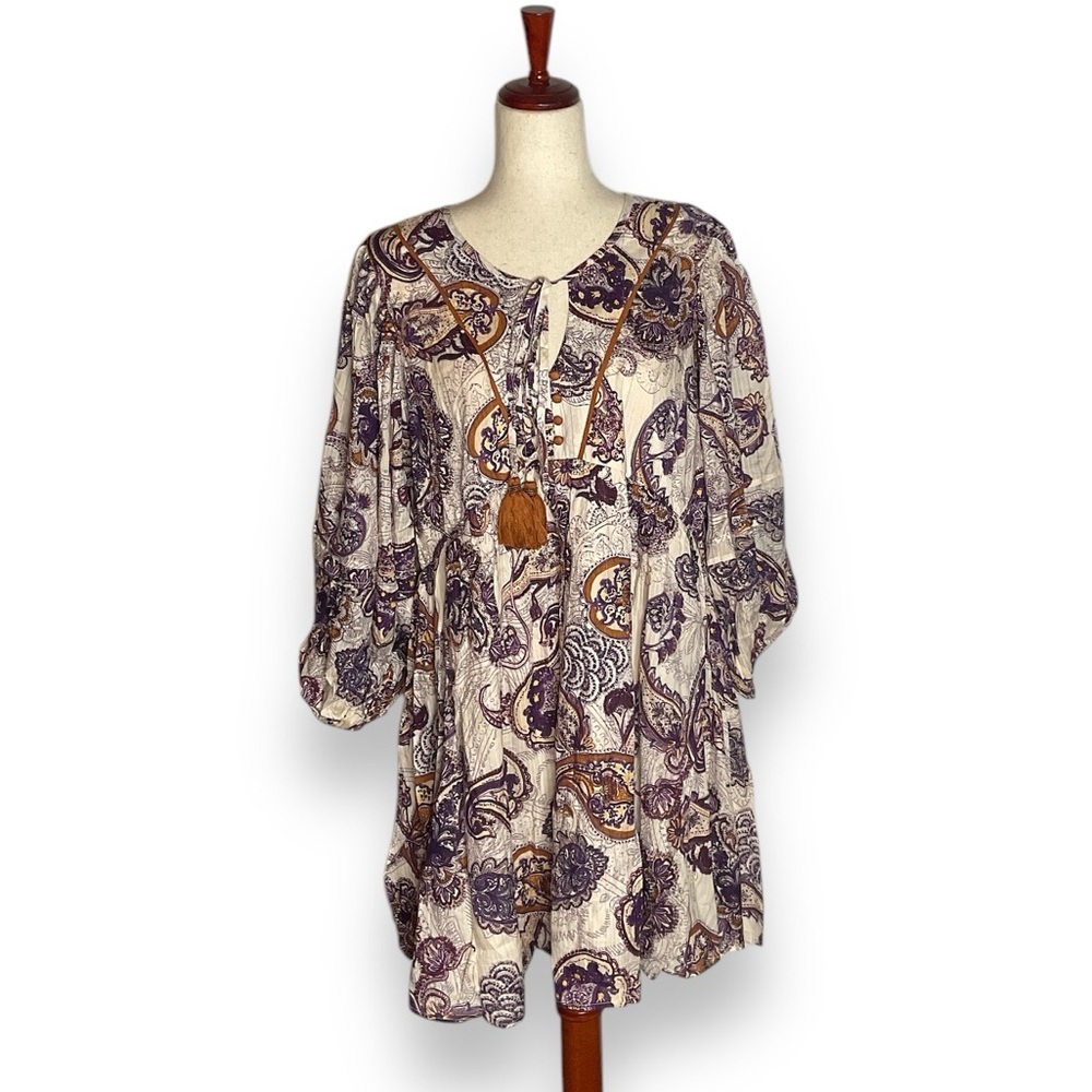 Band of Gypsies Band of The Free Purple Ivory Paisley Puff Sleeve Mini Dress